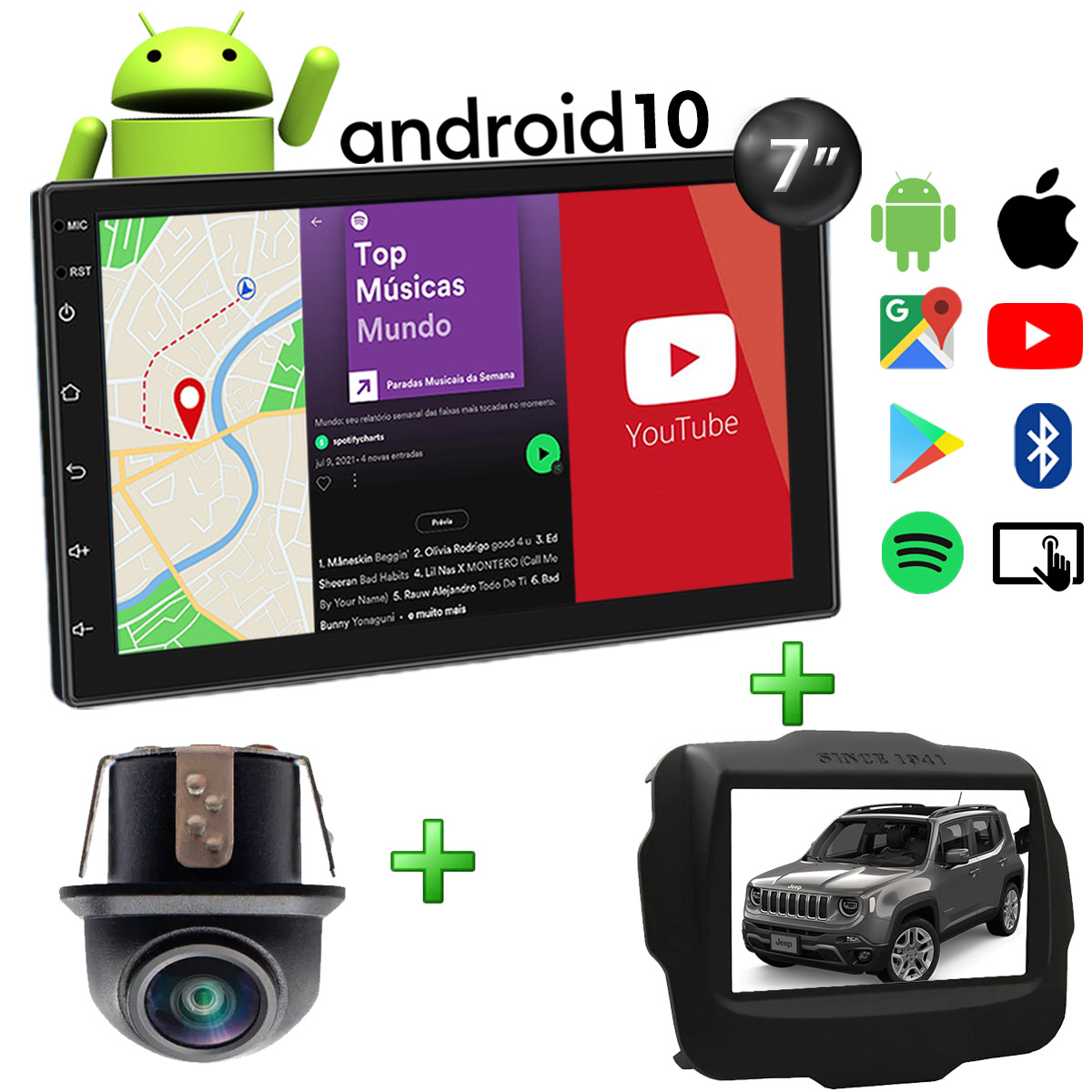 Central Multimídia Jeep Renegade Muzik Android com Câmera de Ré 7 Polegadas 2 Din Moldura Poliparts
