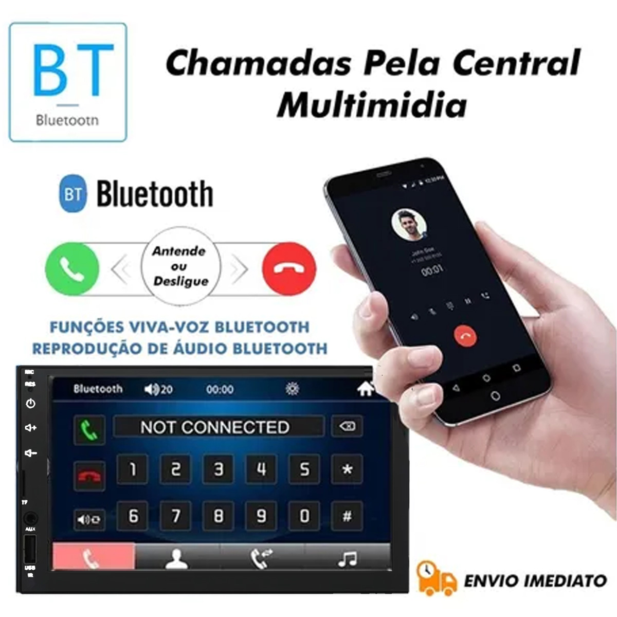 Central Multimidia Tay Tech com Bluetooth Mp5 Player Usb Sd Auxiliar 2Din 7 Polegadas Universal Poliparts
