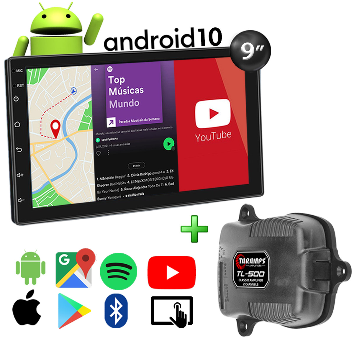 Kit Central Multimídia Android Muzik Bluetooth Mp5 9 Polegadas + Amplificador Taramps TL-500 90 Watts RMS Poliparts