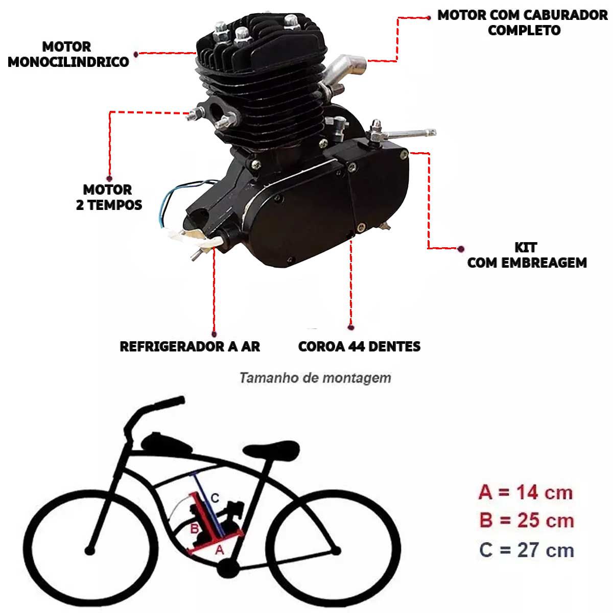Motor para Bicicleta 2 Tempos Bike Motorizada 80cc 3hp 5000 Rpm kit Completo Moskito a Gasolina Poliparts