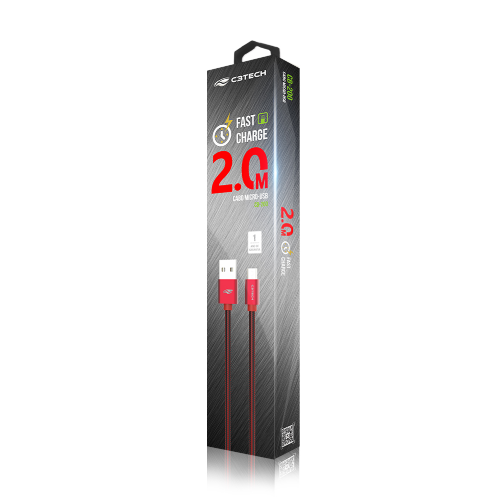 Cabo USB 2.0 AM x Micro USB 2.0 2 Metros Faster charging (Carrega mais rápido) C3 Tech - CB-200RD
