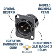 Kit com 2 Conectores Rean Neutrik Xlr Painel Macho Dourado Rc3mdlb
