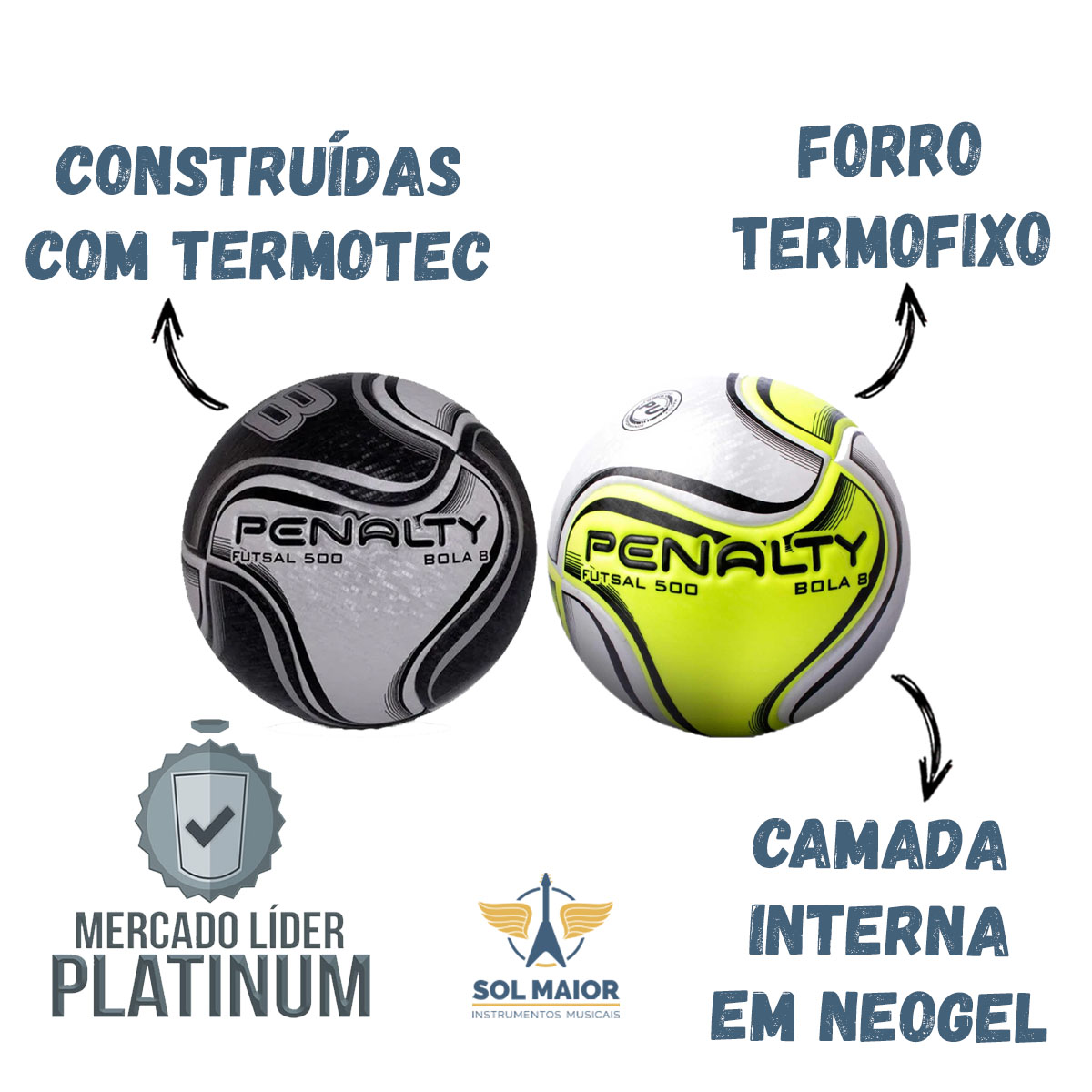 2 Bola Futebol De Salão Penalty Futsal 8 X Preta / Amarela - Grupo Solmaior