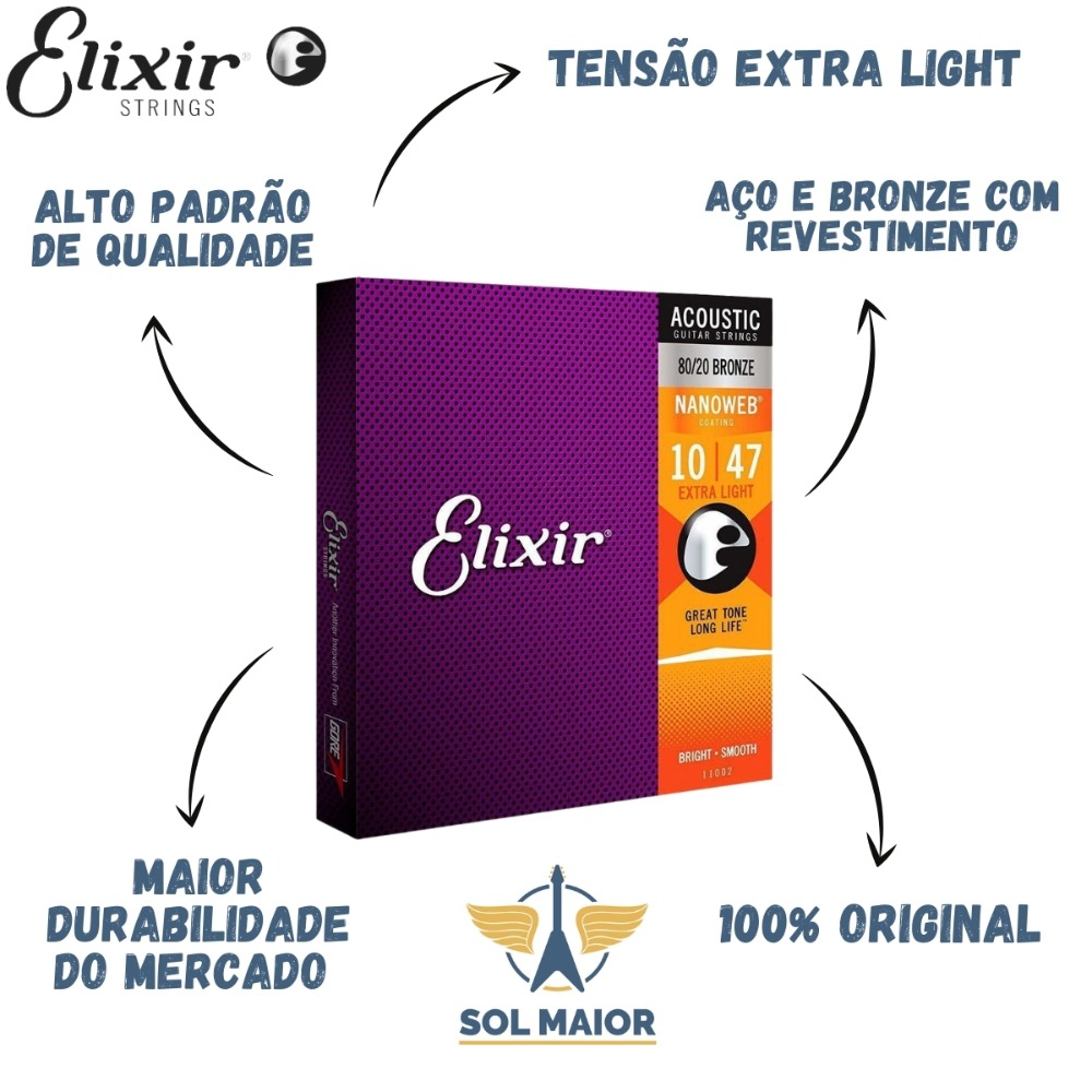 Corda Elixir Extra Light Nanoweb Coating 10-47 Violão Aço  - Grupo Solmaior