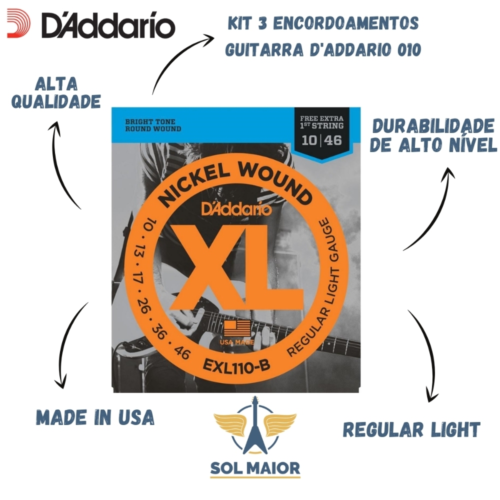 Kit 3 Encordoamentos Daddario Para Guitarra 010 - Exl110 B - Grupo Solmaior