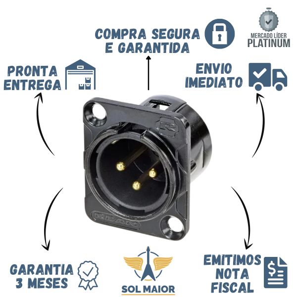 Kit com 2 Conectores Rean Neutrik Xlr Painel Macho Dourado Rc3mdlb - Grupo Solmaior