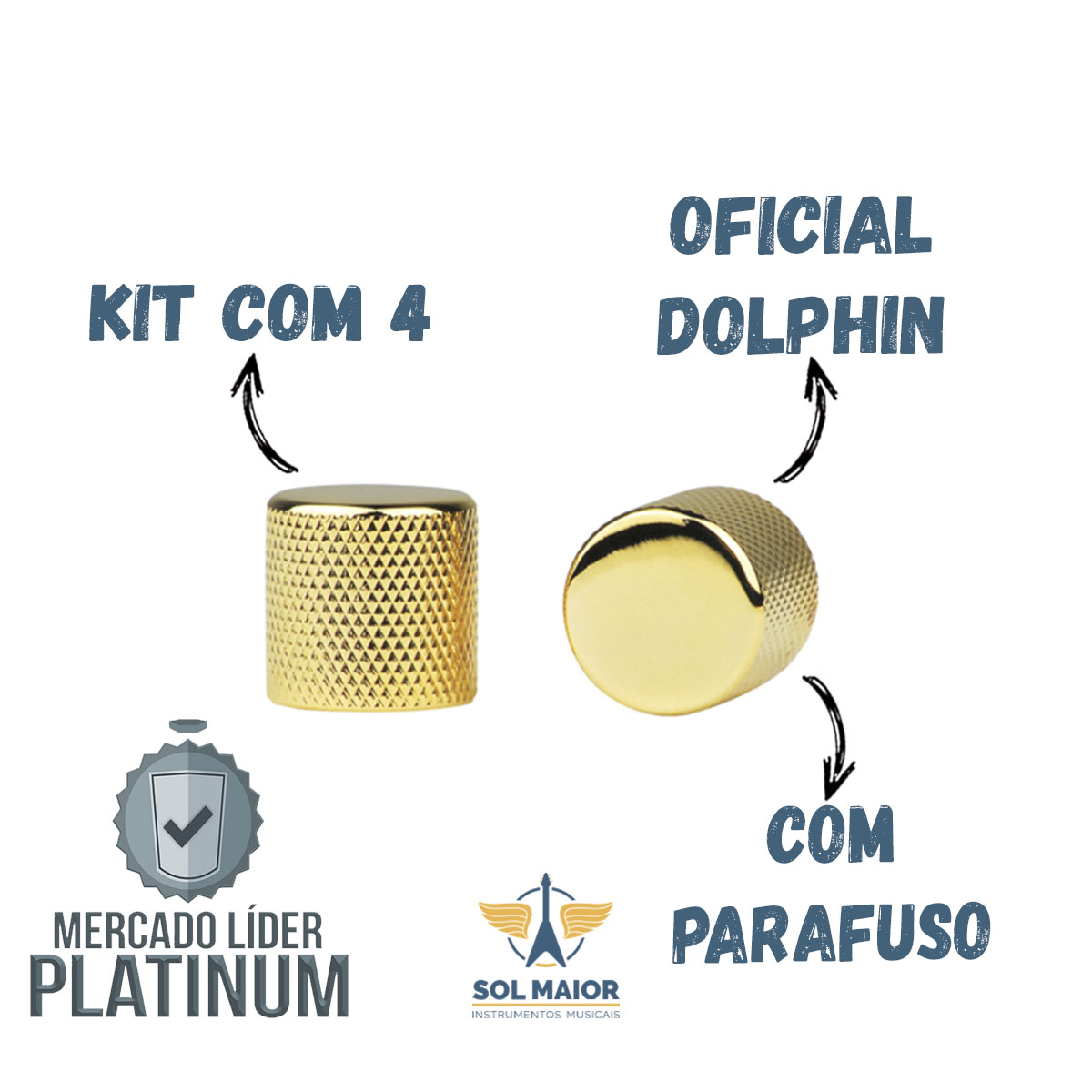 Kit com 4 Knob Metal Preto c/ Parafuso Allen Dourado DOLPHIN - Grupo Solmaior