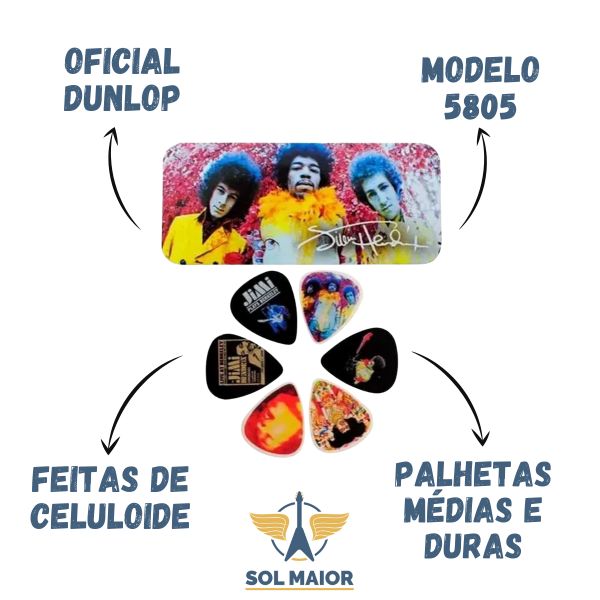 Latinha c/ 12 Palhetas Jimi Hendrix Grossa Média Dunlop 5805 - Grupo Solmaior