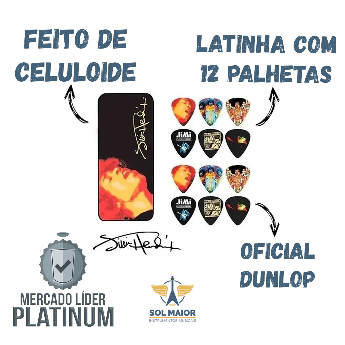 Latinha c/ 12 Palhetas Jimi Hendrix Grossa Média Dunlop 5812  - Grupo Solmaior