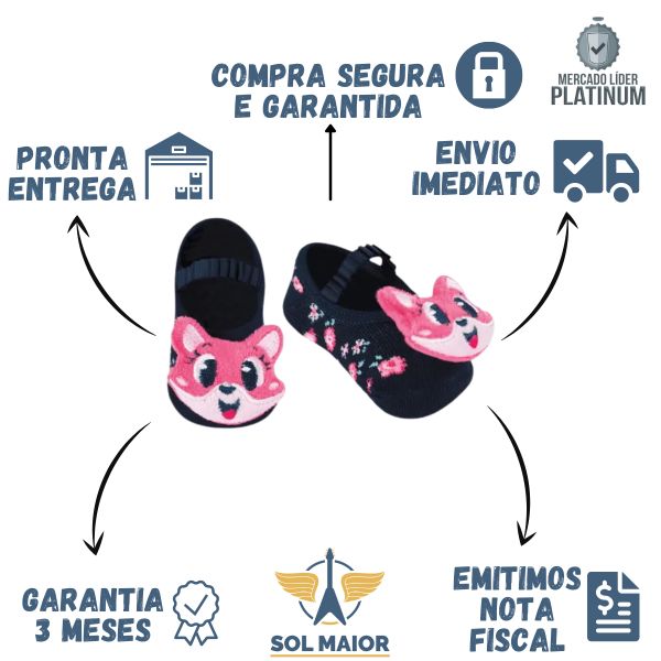 Meia Sapatilha Baby Puket 9 a 12 meses Chocalho Raposa Rosa - Grupo Solmaior