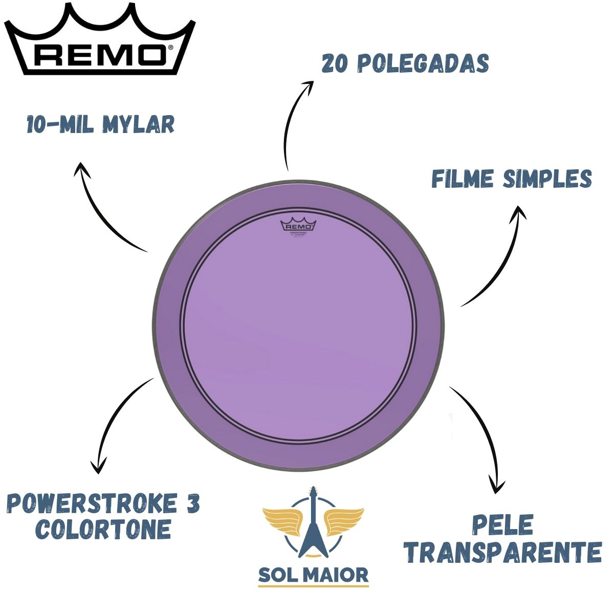 Pele Remo 20" Powerstroke 3 Colortone Transparente Roxa - Grupo Solmaior