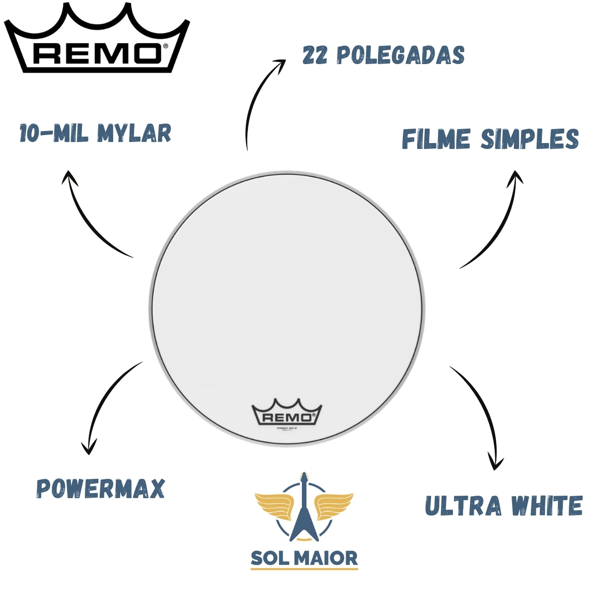 Pele Remo Bumbo Marcial 22" Powermax Ultra White PM-1022-MP  - Grupo Solmaior