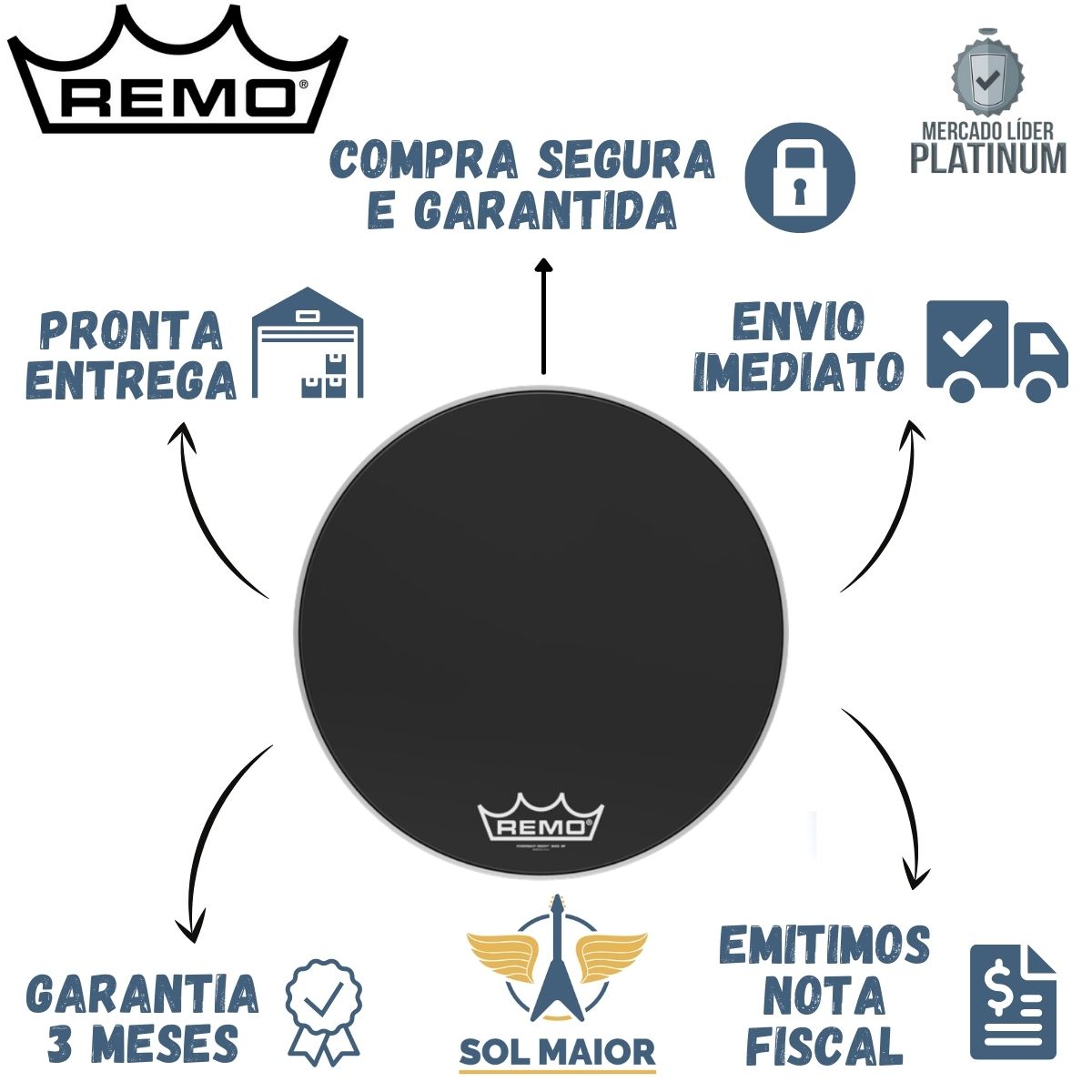 Pele Remo de Bumbo Marcial 20" Powermax Ebony PM-1420-MP  - Grupo Solmaior