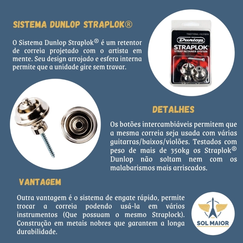 Straplock Dunlop Tradicional Cromado Sls1501n P/ Guitarra  - Grupo Solmaior