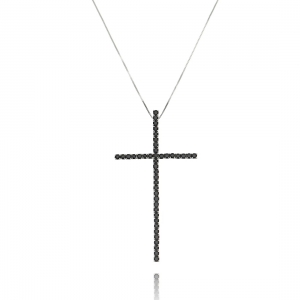 Colar Crucifixo Preto da Moda Zircônia Semijoia Ródio Branco