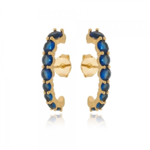 Brinco Ear Hook Exclusivo Soloyou Azul Safira Luxo Semijoia Ouro 18K
