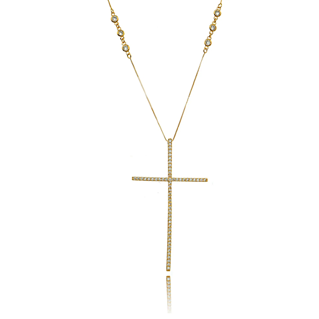 Colar com Crucifixo Grande Corrente 8 Pontos de Luz Zircônia Cristal Semijoia em Ouro Rosé  - Soloyou