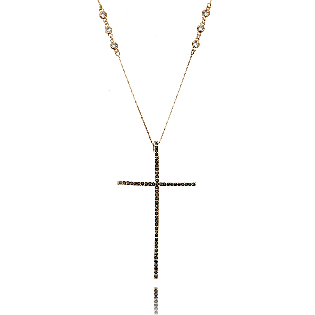 Colar Crucifixo Preto Grande Corrente com 8 Pontos de Luz Zircônia Semijoia em Ouro Rosé  - Soloyou