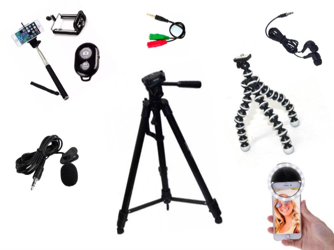 Kit Youtuber 8x1 - Ring  LED Flash + Tripé 1,50m + tripé octopus + Adaptador P2 + Fone de ouvido