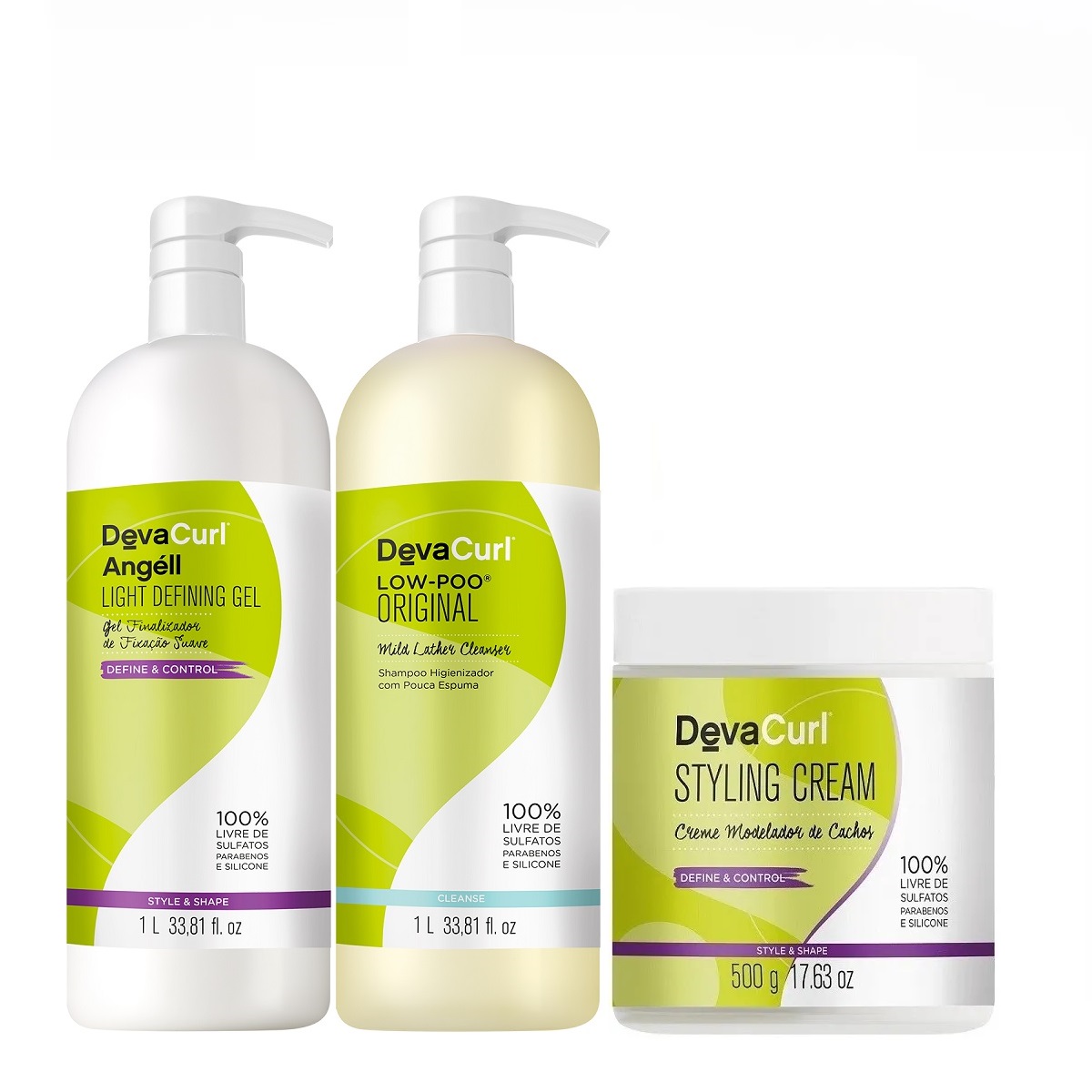 Kit Deva Curl Shampoo Low Poo e Angell 2x1000ml e Styling Cream 500g