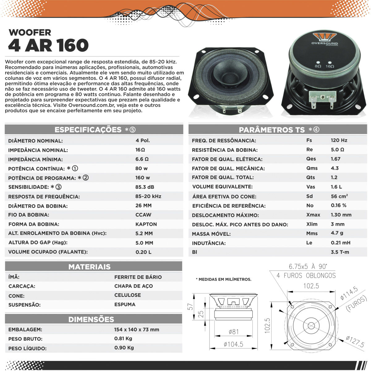 Alto Falante 04'' - 4 AR 160 (16 Ohms) - Oversound