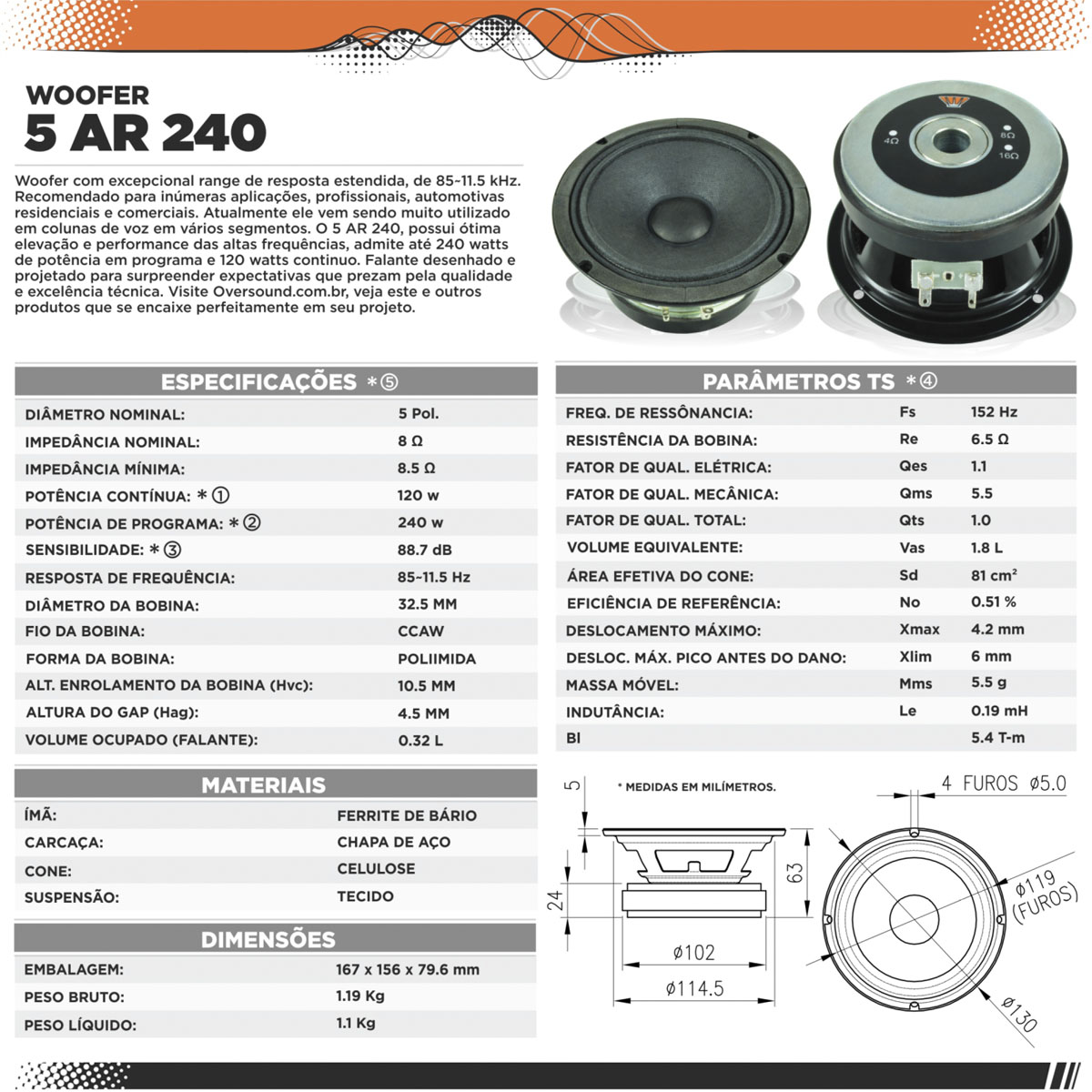 Alto Falante 05'' - 5 AR 240 (8 Ohms) - Oversound