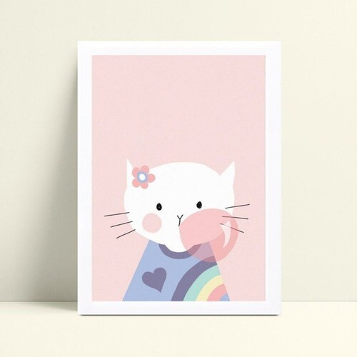 Placa quadro decoração gatinha de flor mascando chiclete