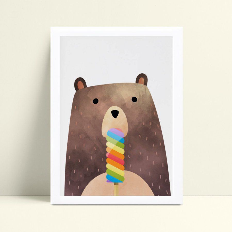 quadro decoração de quarto infantil urso picolé colorido