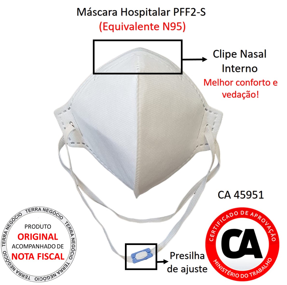 Máscara Hospitalar Descartável PFF2 Branca (Equivalente N95) CA 45951