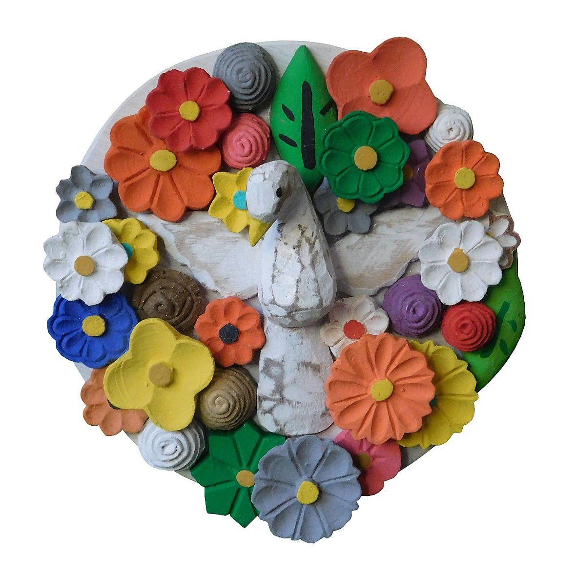 Quadro Artesanal Mandala Pequena de Parede com Flores e Divino Espirito Santo em Madeira 21 cm (TN959)