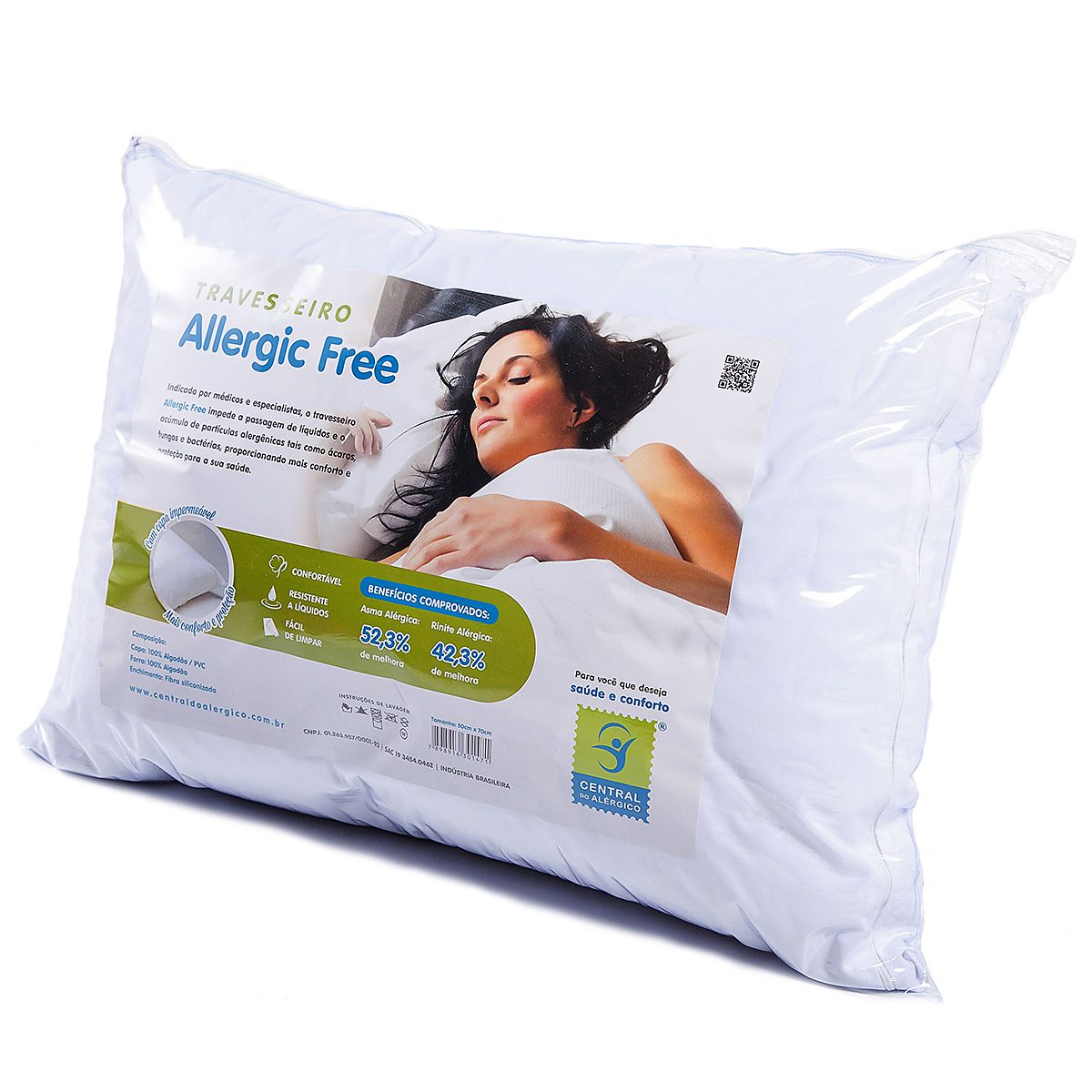 Travesseiro 50cm x 70cm Antialérgico ALLERGIC FREE - Acompanha Capa 100% Algodão/ PVC