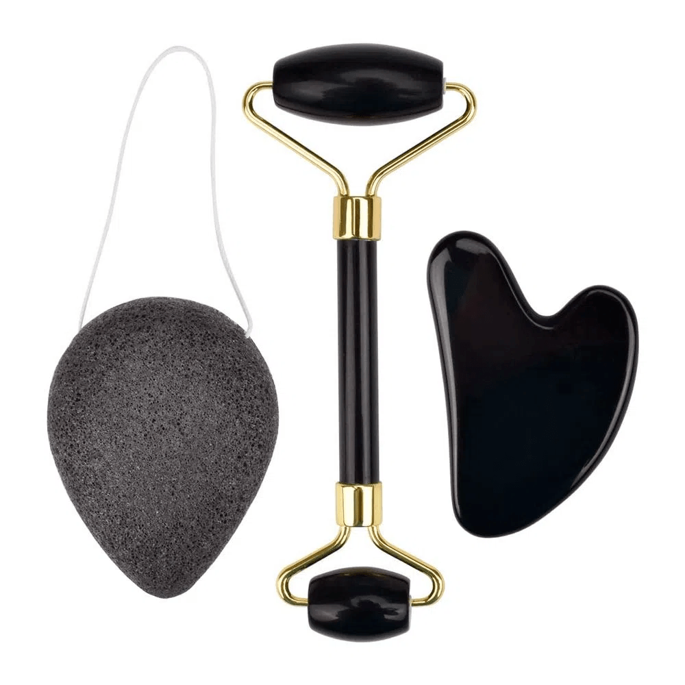 Rolo Massageador de Obsidiana Negra + Guasha Coração + Esponja de Konjac - Smart GR