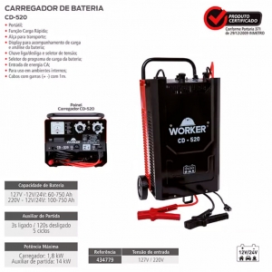 Carregador Bateria Automotiva WORKER CD-520 12v e 24v Bivolt