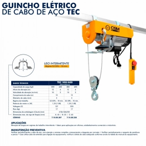 Guincho Eletrico CSM TEC Capacidade 300/600 kgf Elevação 12m/6m 1,35cv Mono