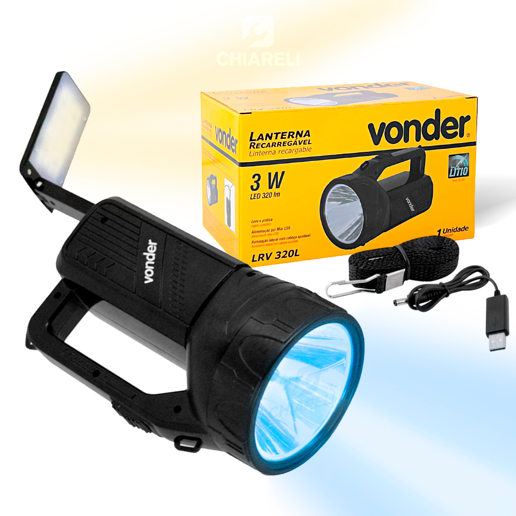 Lanterna LED VONDER LRV320L 3w 320 Lúmens Bateria Recarregável e Iluminação Lateral