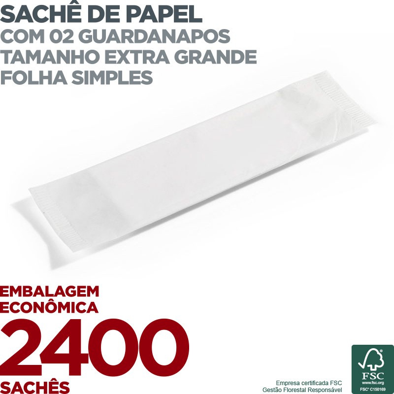 Guardanapo em Sachê de Papel - 2 Guardanapos Grandes - Folha Simples - 30x14cm - 2400 Sachês - Scalashop