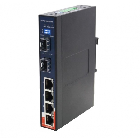 IGPS-1042GPA - Switch Ethernet Industrial PoE não Gerenciável, 4x 10/100/1000BaseT(X) P.S.E., 2x 100/1000 SFP