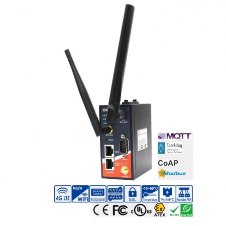 IMG-4312-4G - Gateway LTE IoT Industrial com IEEE 802.11 b/g/n e 2x10/100Base-T(X), 1xRS-232/422/485