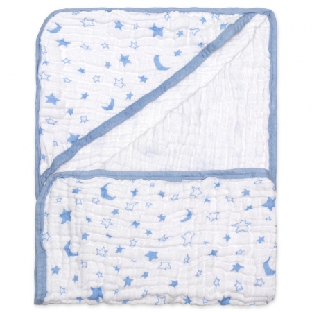 Toalha de Banho Fralda Infantil Soft Premium Bebê Hipoalergênico com Capuz Estrelas e Lua Azul