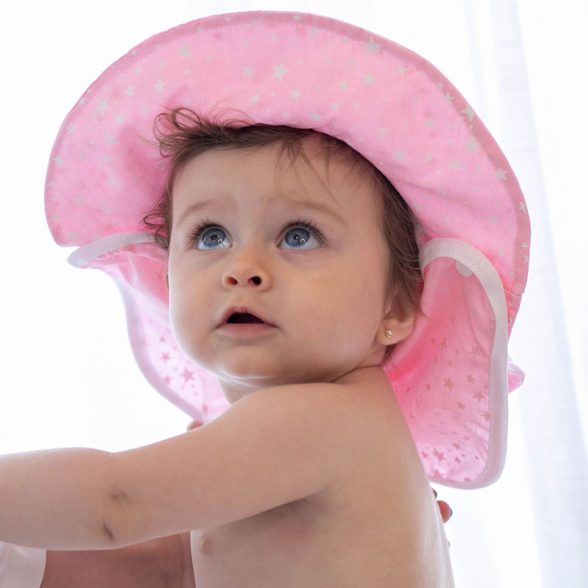 Kit 2 Peças Chapéu de Banho Bebê e Infantil e Aba Removível Proteção Ombros Estrelas Rosa