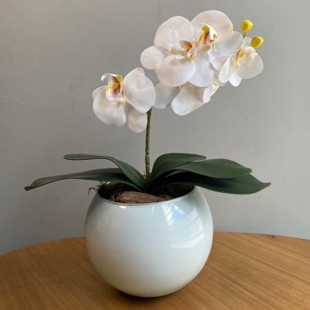 Arranjo Centro de Mesa Orquídea Branca Artificial no Vaso Branco