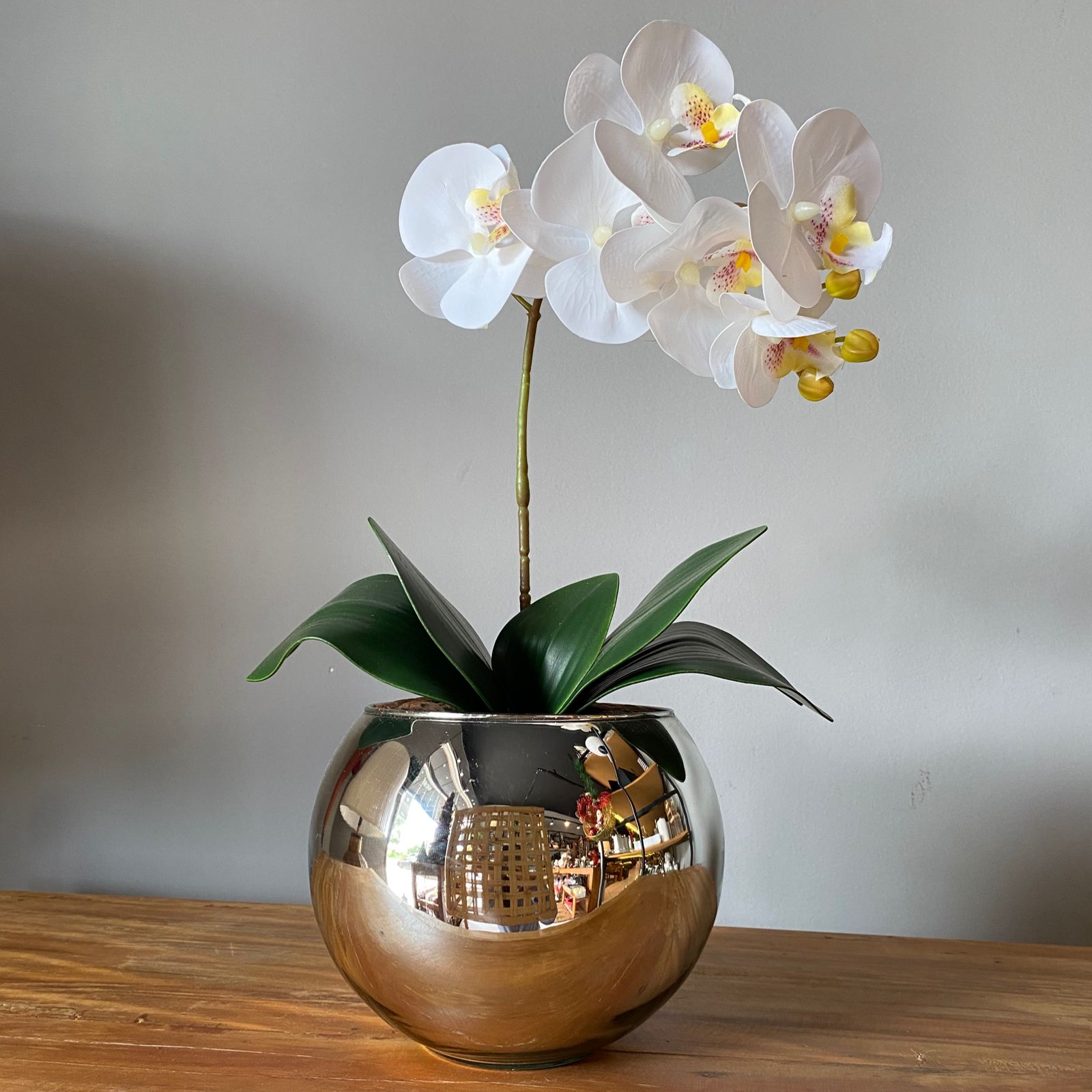Orquídea Branca Artificial Arranjo no Vaso Espelhado Flores Permanentes