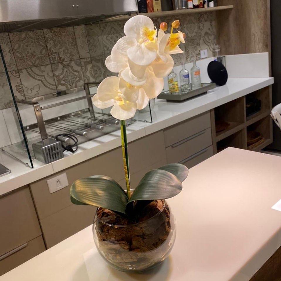 Orquídea Toque Real Branca Artificial Arranjo no Vaso Transparente Flores Permanentes