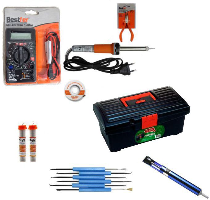 RL004 - Kit Ferramentas Para Eletrônica Solda, Multímetro,  Alicate, malha dessoldadora