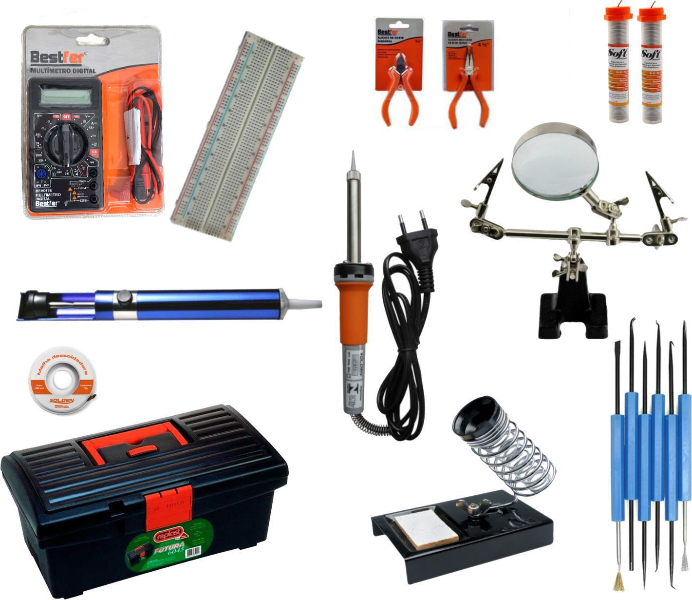 RL009 - Kit de Ferramentas para Eletrônica com Multímetro, Proto Board, ferro de solda, lupa, ....