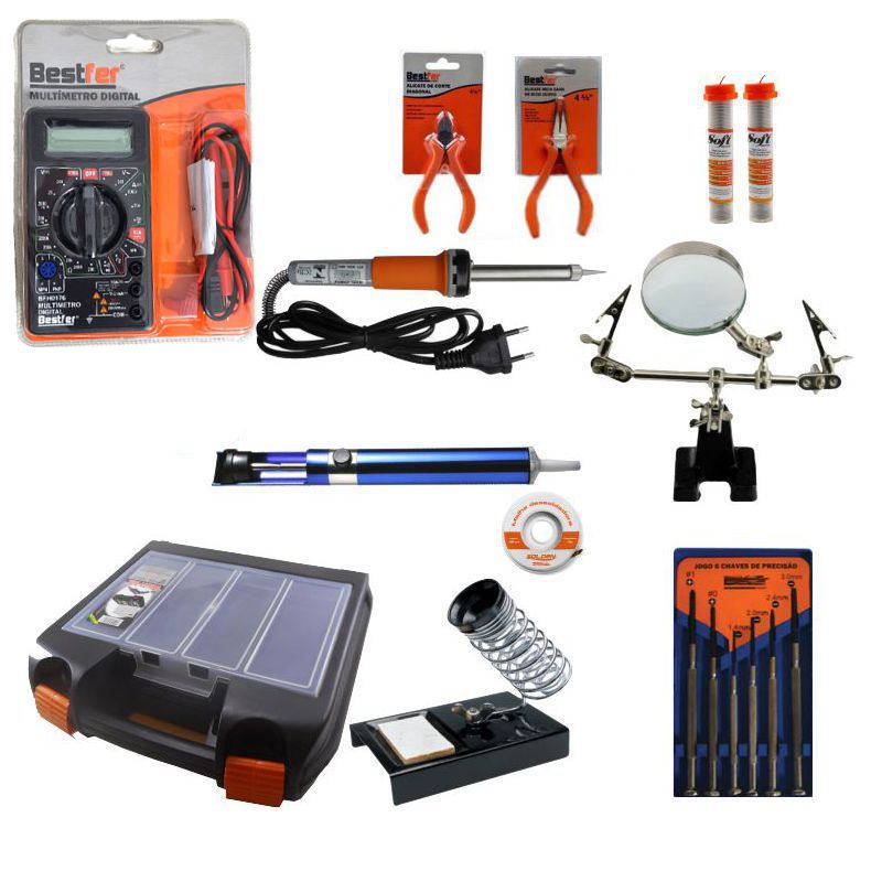 RL-KE002 - Kit Ferramentas Para Eletrônica Solda, Multímetro, Lupa, Alicates, malha dessoldadora