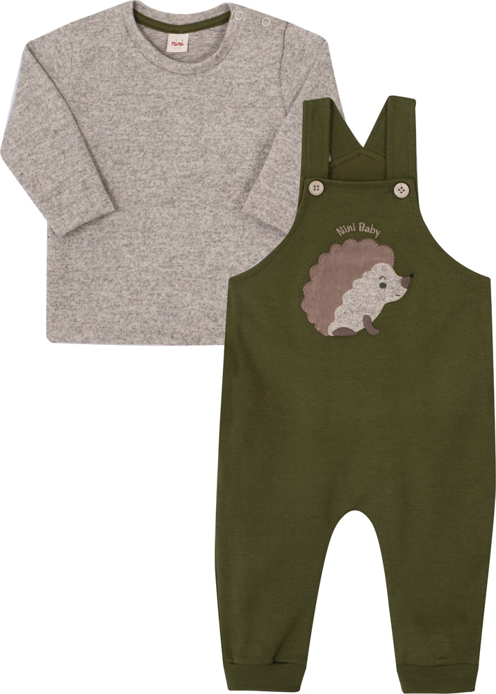 Conjunto Bebê Jardineira e Camiseta   Nini&Bambini  Porco Espinho Verde e Mescla
