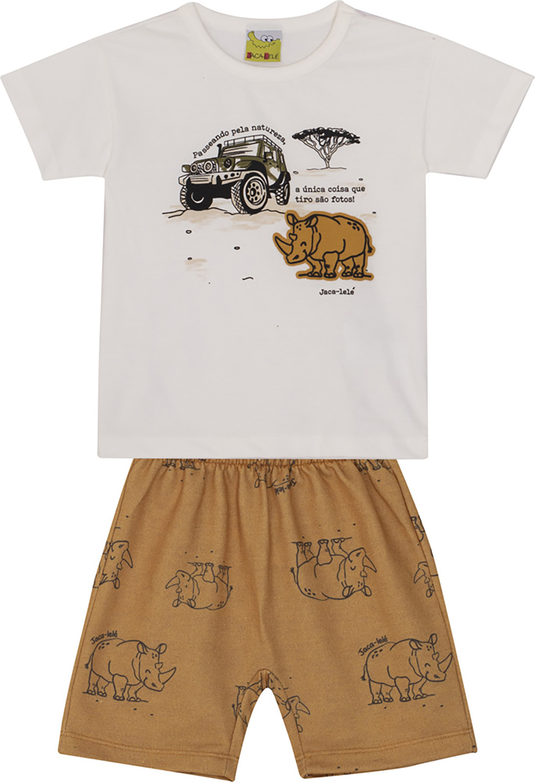 Conjunto Infantil Camiseta e Bermuda Moletinho  Jaca Lelé Safari Offwhite e Mostarda