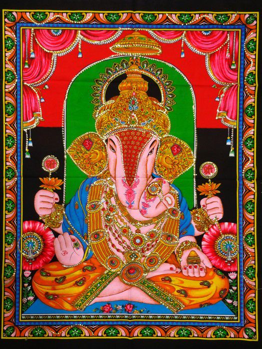 Tecido Indiano Estampado Divindade Hindu Ganesha 02 Panô
