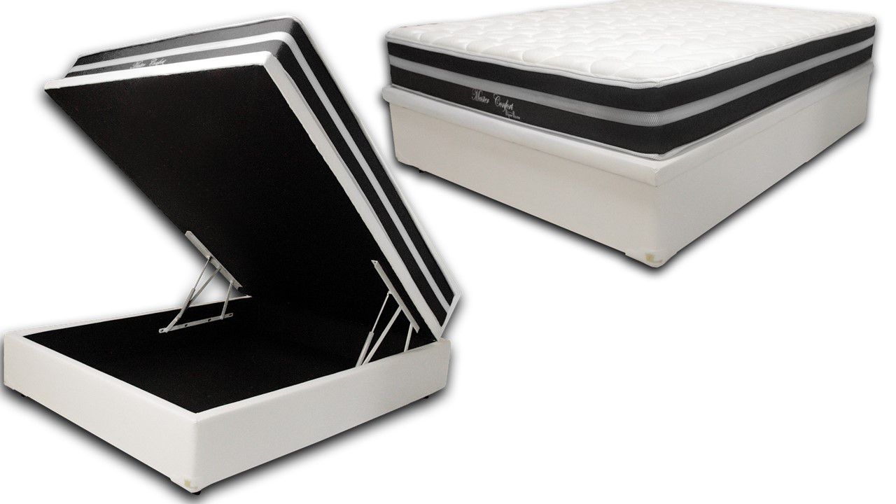 Cama Box Baú Viúva Premium Corino Branco 1,28x1,88 cm + Colchão de Molas Luxor Black 25 cm